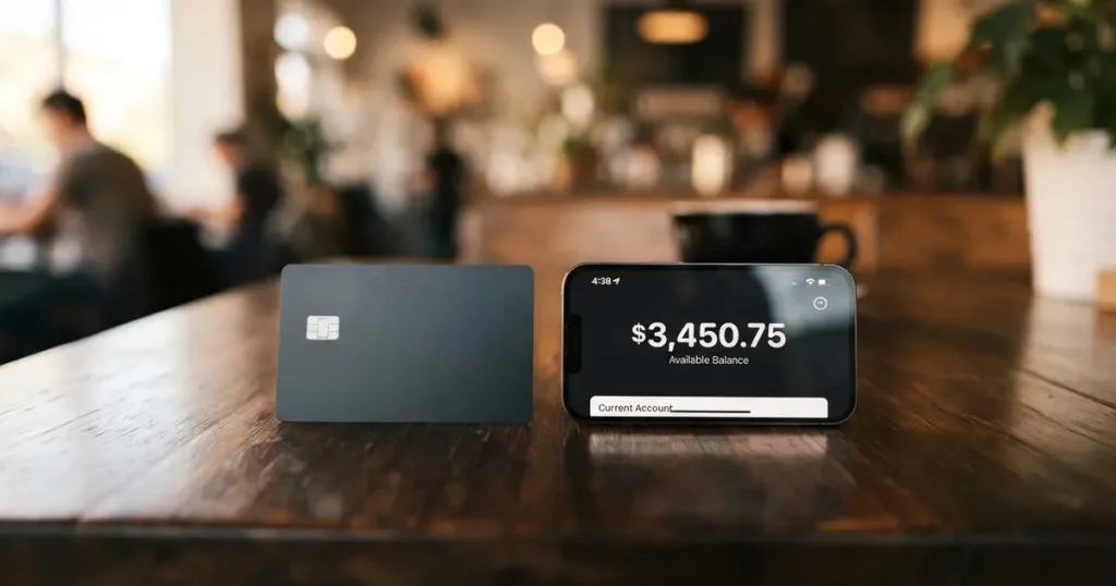 A payment card next to a phone with a crypto wallet app open