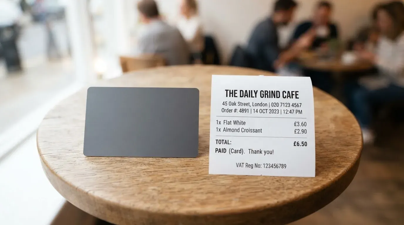 A receipt and a card on a café table