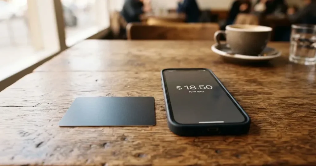 A payment card next to a phone with a crypto wallet app open