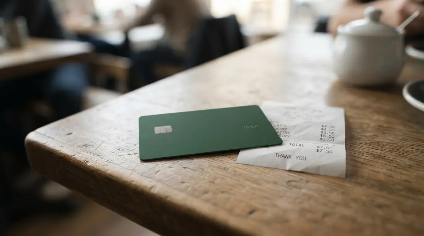 A receipt and a card on a café table