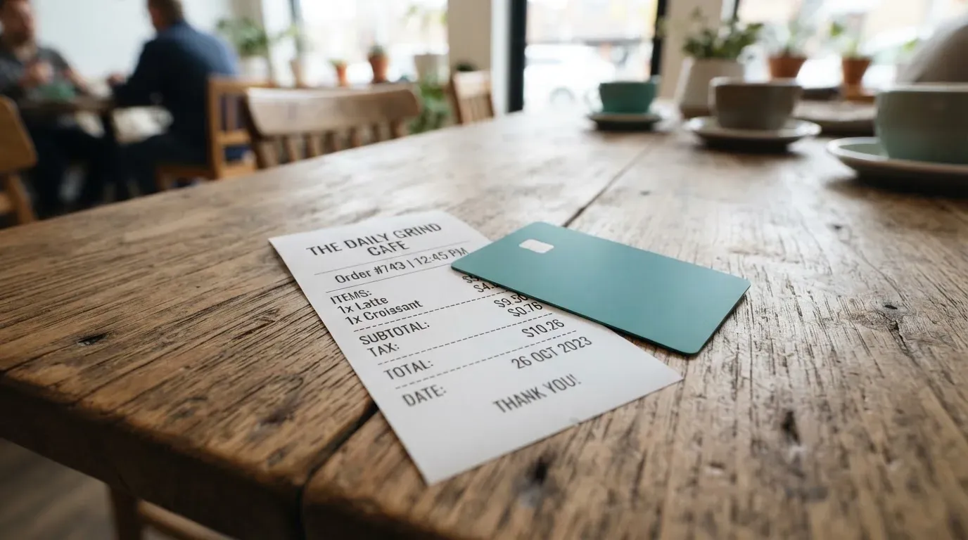 A receipt and a card on a café table