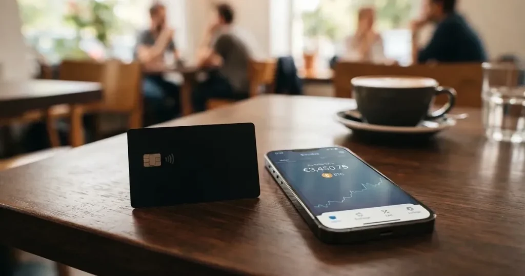 A payment card next to a phone with a crypto wallet app open