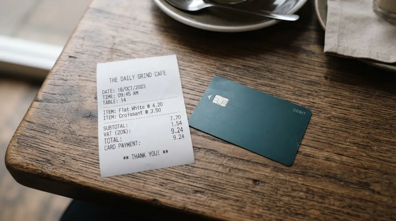 A receipt and a card on a café table