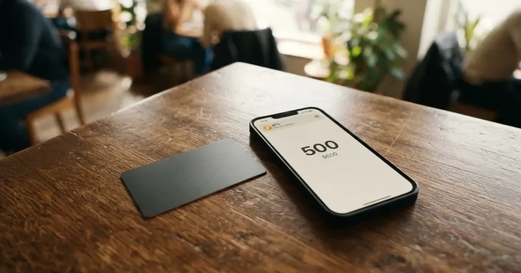 A payment card next to a phone with a crypto wallet app open