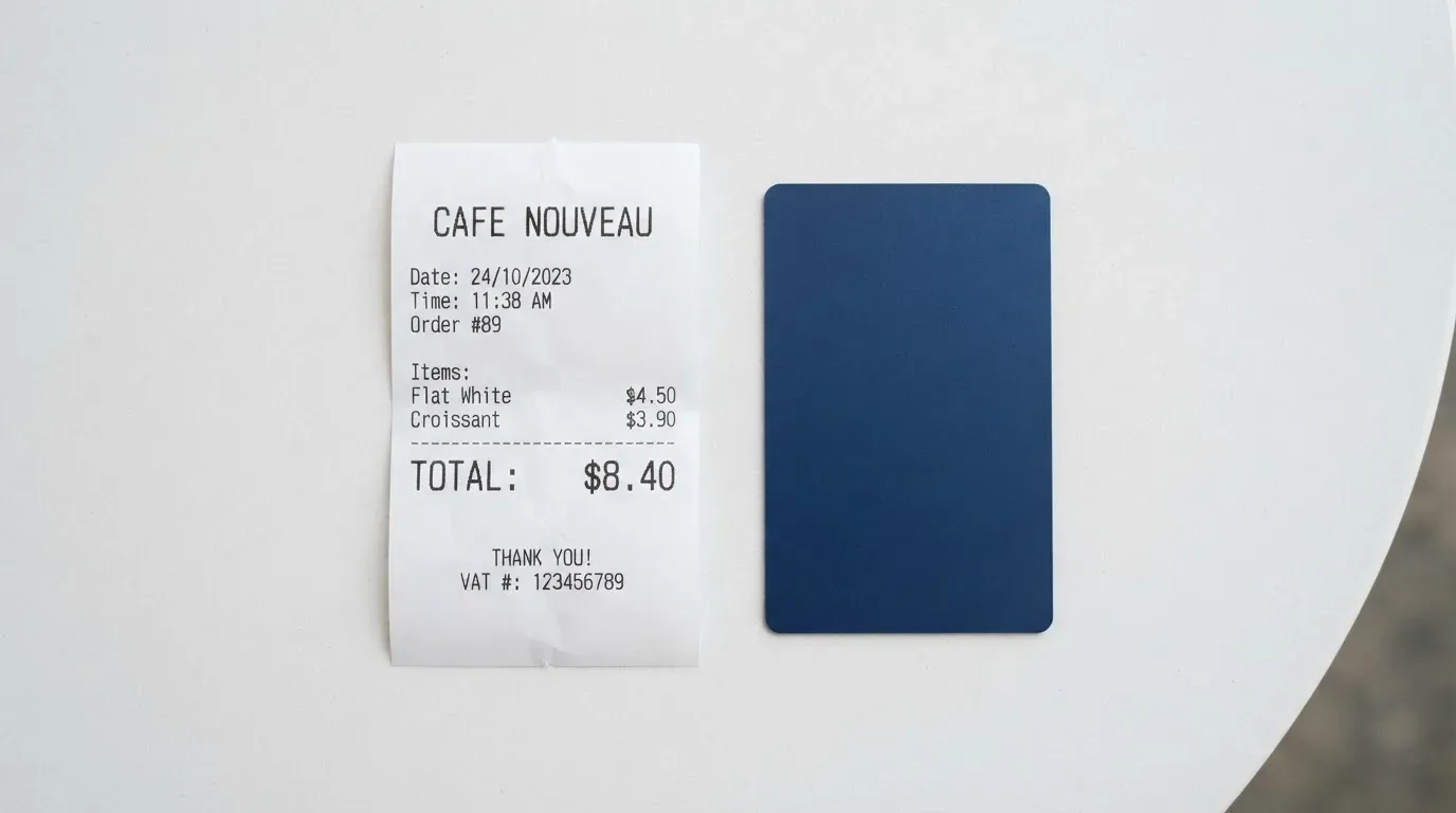 A receipt and a card on a café table