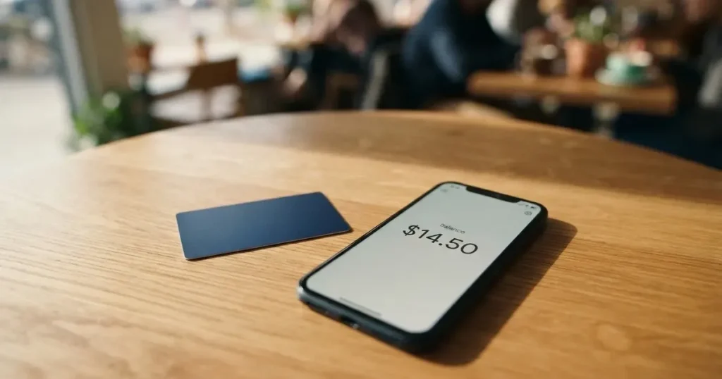 A payment card next to a phone with a crypto wallet app open