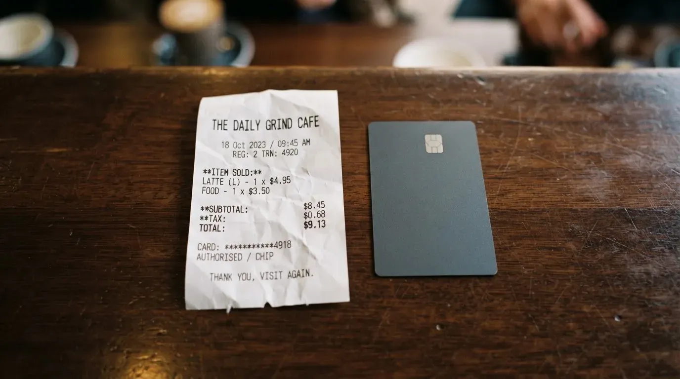 A receipt and a card on a café table