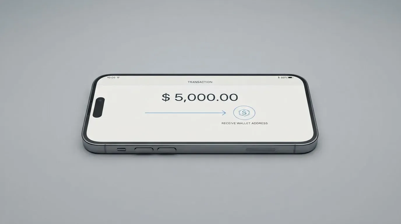 A phone showing a stablecoin transfer screen