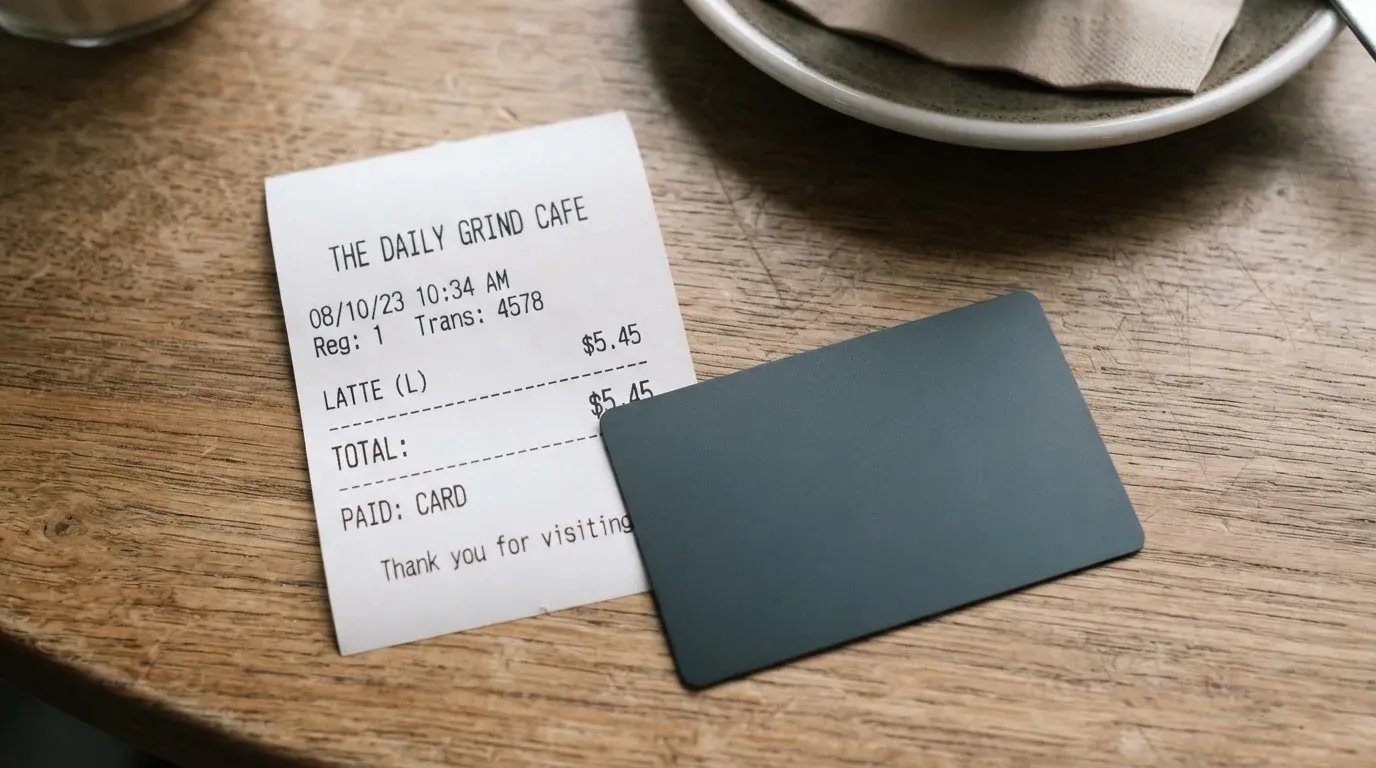 A receipt and a card on a café table