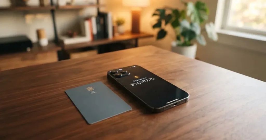 A payment card next to a phone with a crypto wallet app open