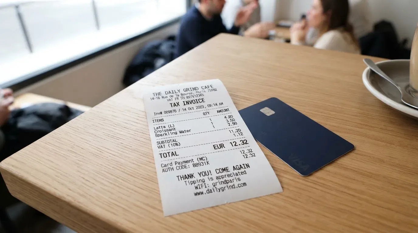 A receipt and a card on a café table
