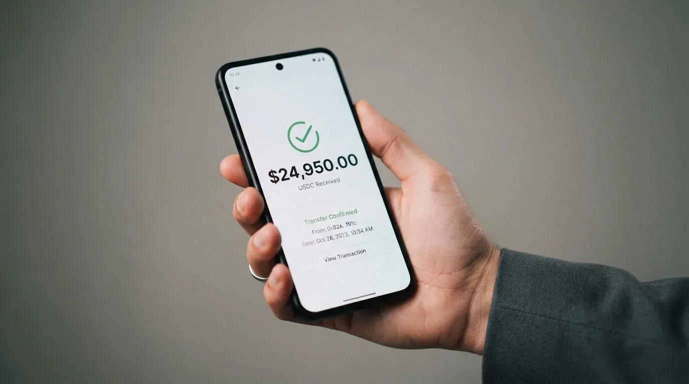 A phone showing a stablecoin transfer screen