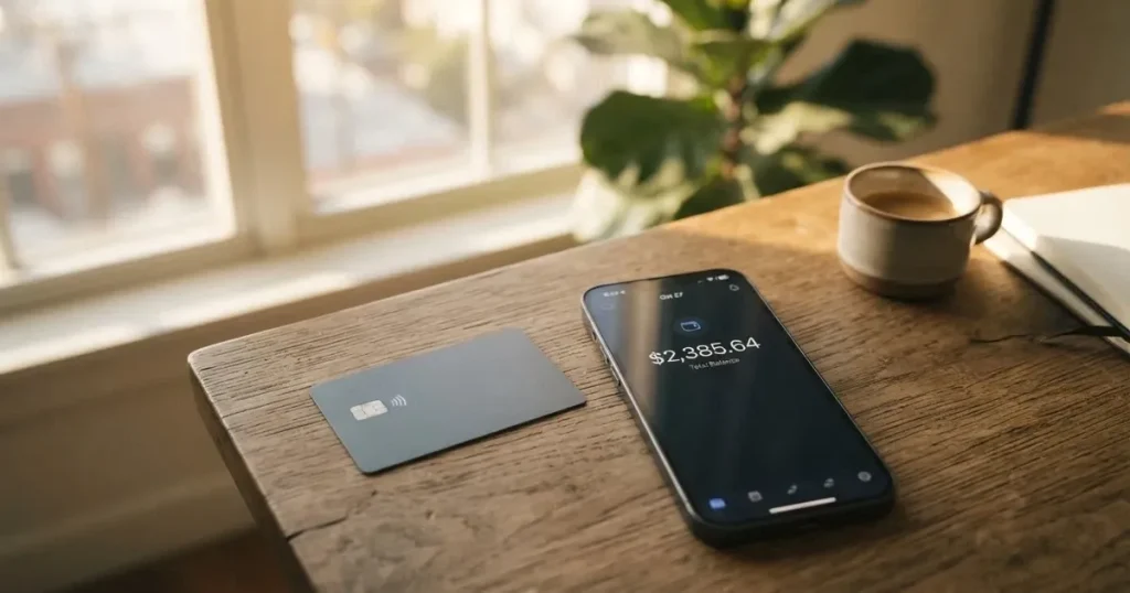 A payment card next to a phone with a crypto wallet app open
