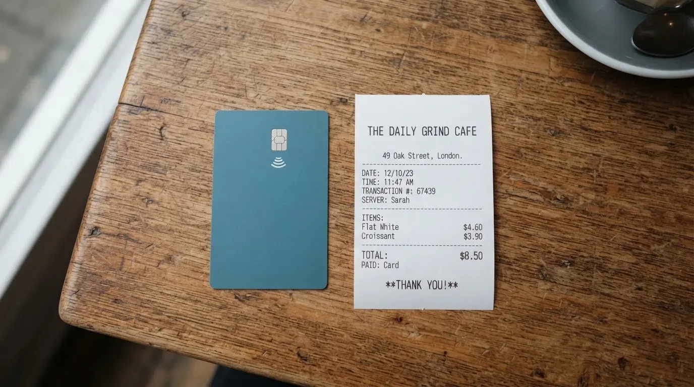 A receipt and a card on a café table