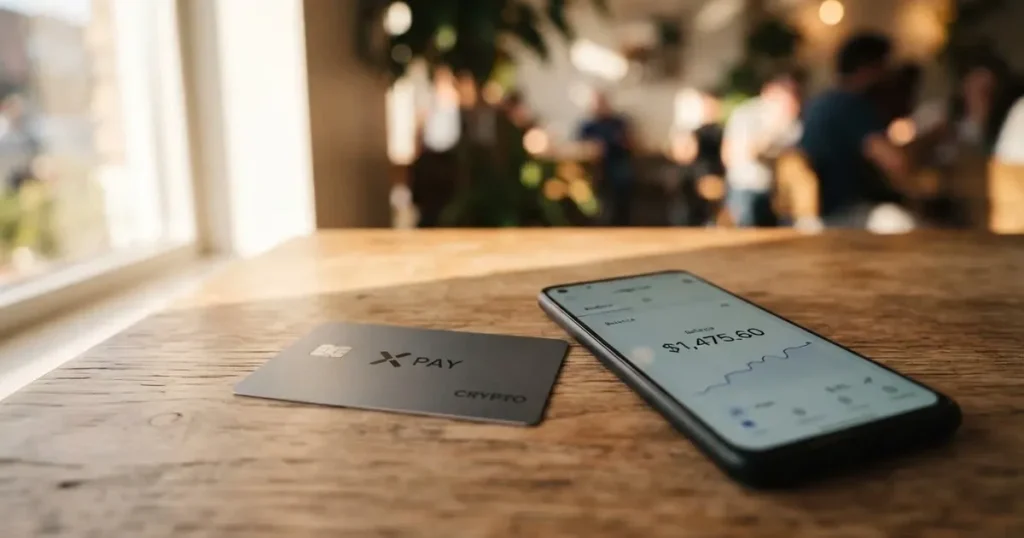 A payment card next to a phone with a crypto wallet app open