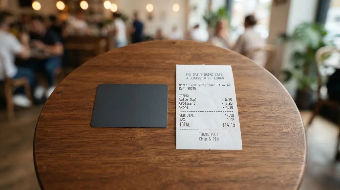 A receipt and a card on a café table