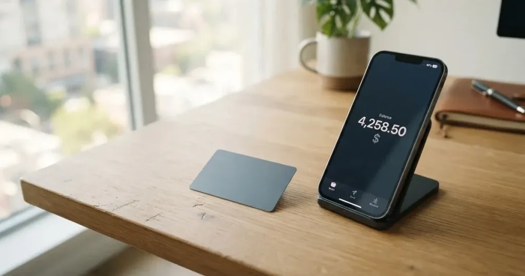 A payment card next to a phone with a crypto wallet app open