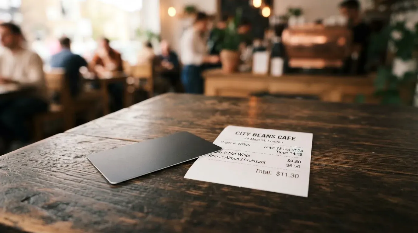 A receipt and a card on a café table