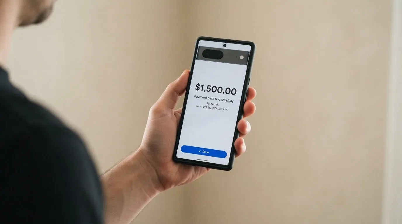 A phone showing a stablecoin transfer screen
