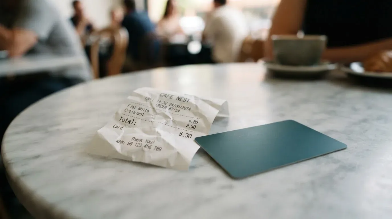 A receipt and a card on a café table