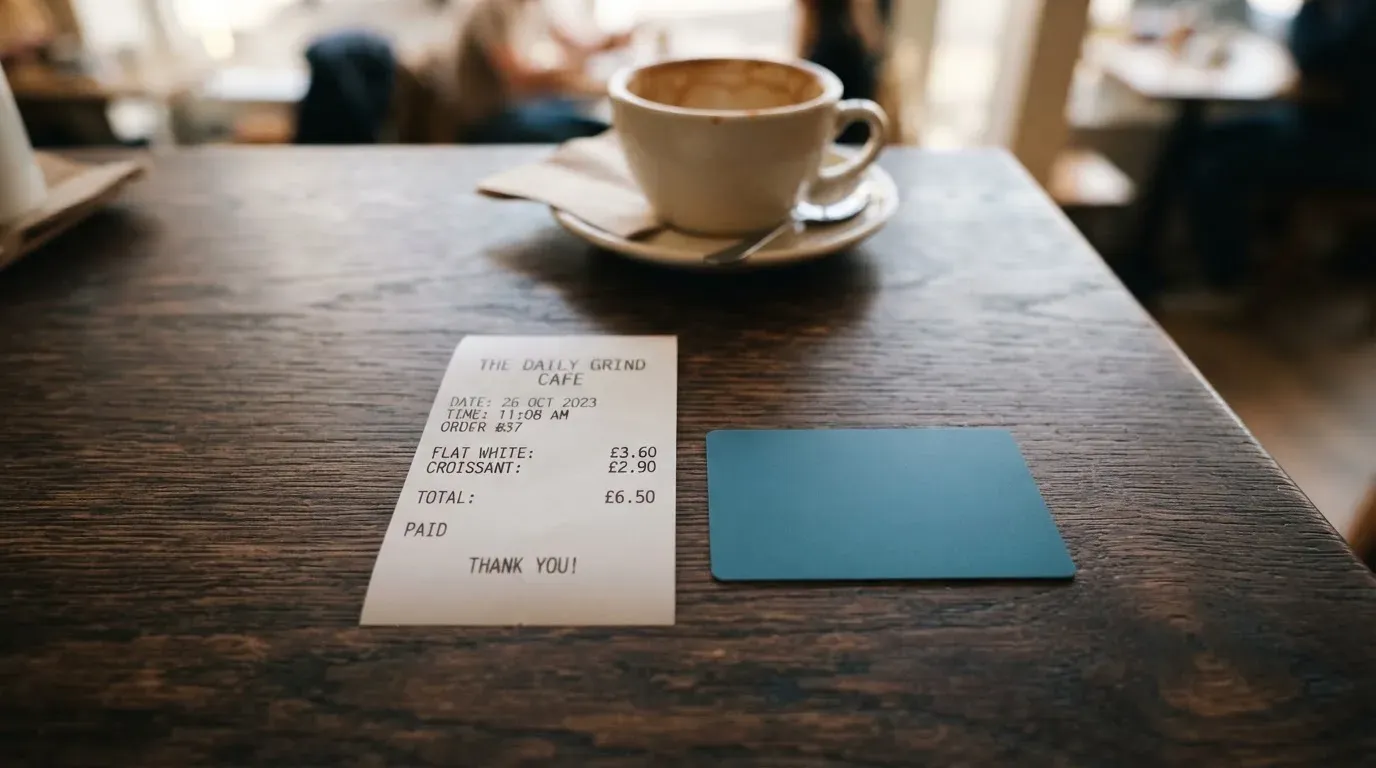 A receipt and a card on a café table