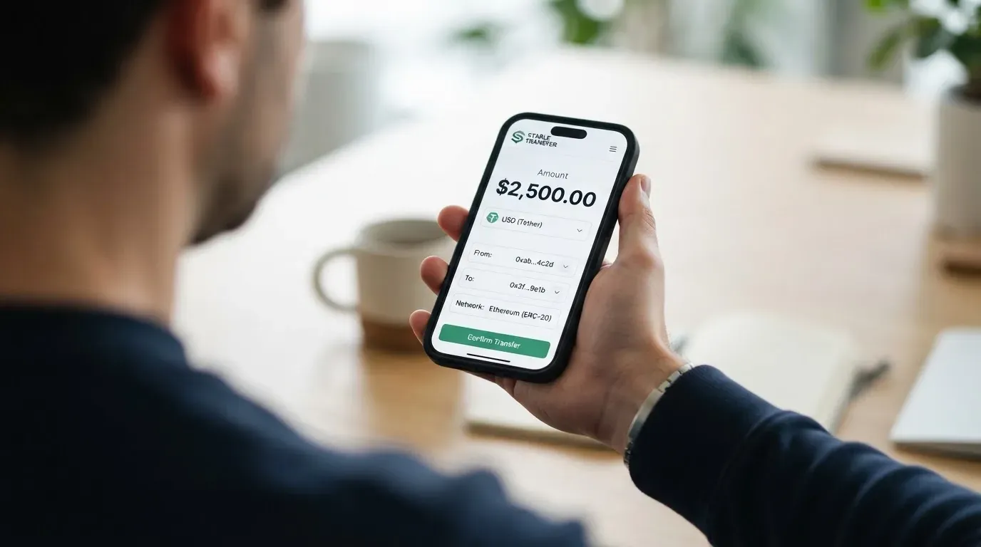 A phone showing a stablecoin transfer screen