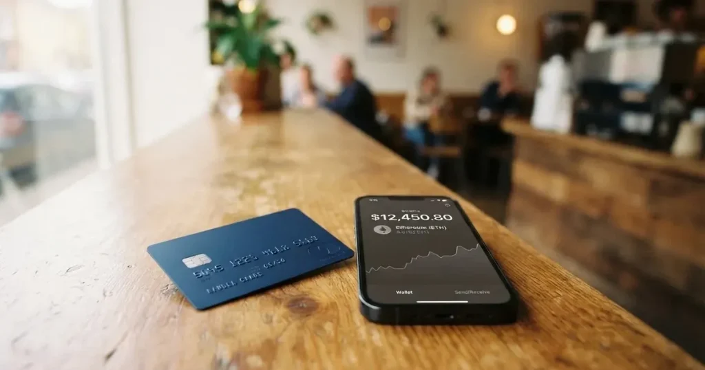 A payment card next to a phone with a crypto wallet app open