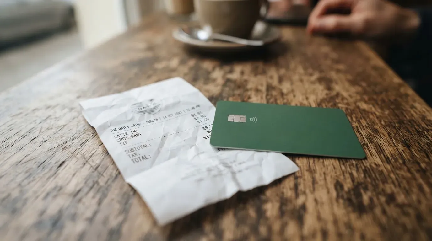 A receipt and a card on a café table