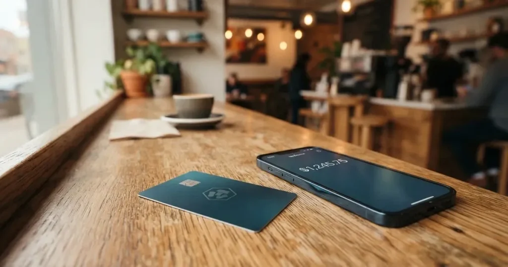 A payment card next to a phone with a crypto wallet app open