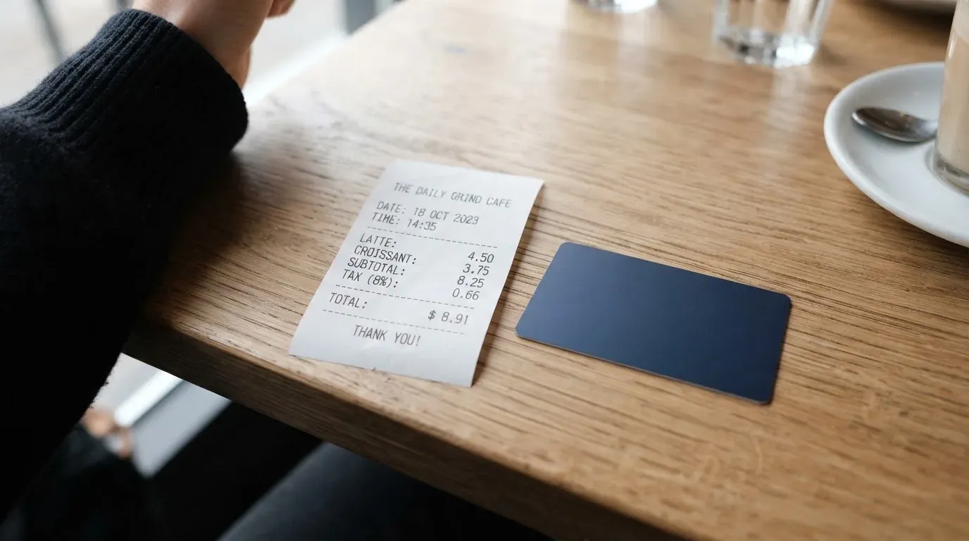 A receipt and a card on a café table