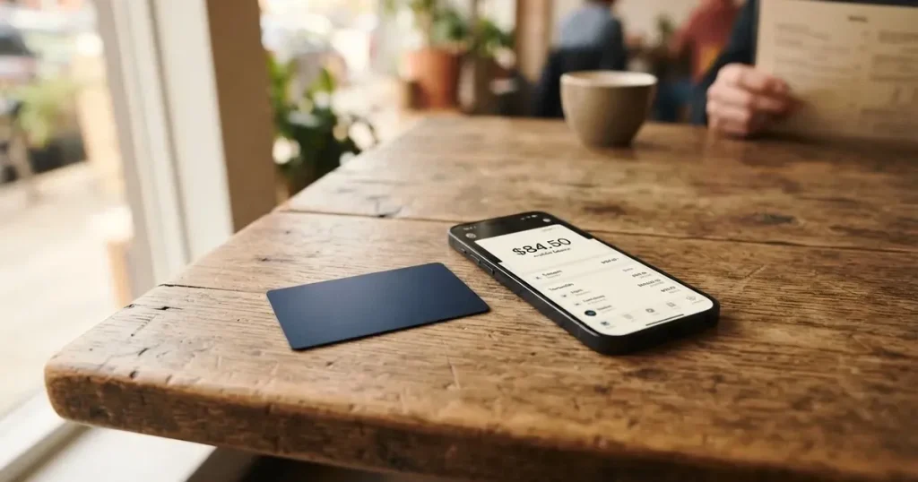 A payment card next to a phone with a crypto wallet app open