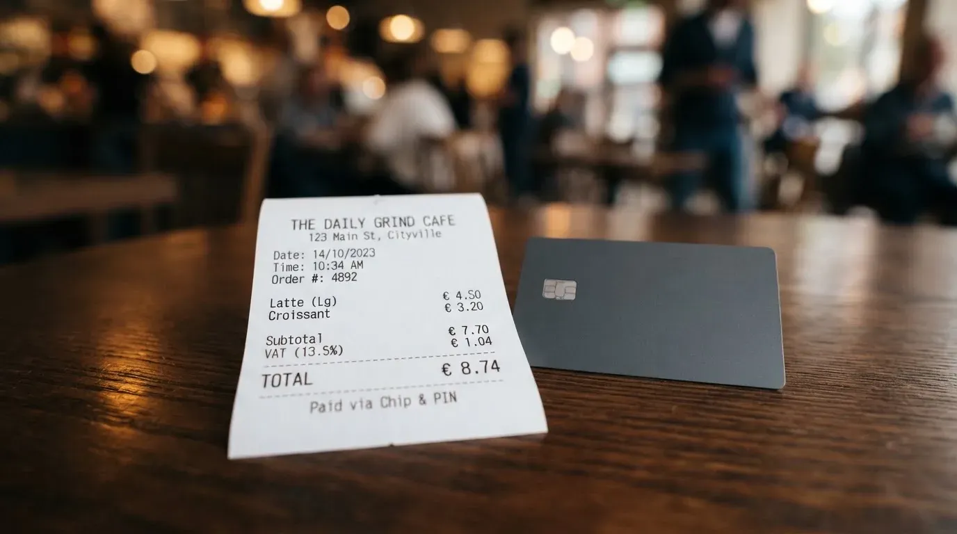 A receipt and a card on a café table