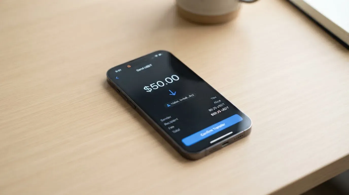 A phone showing a stablecoin transfer screen