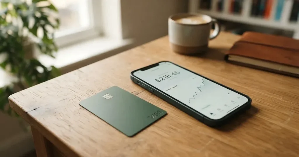 A payment card next to a phone with a crypto wallet app open