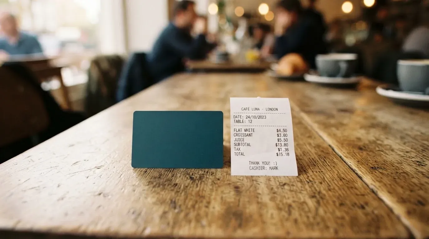 A receipt and a card on a café table