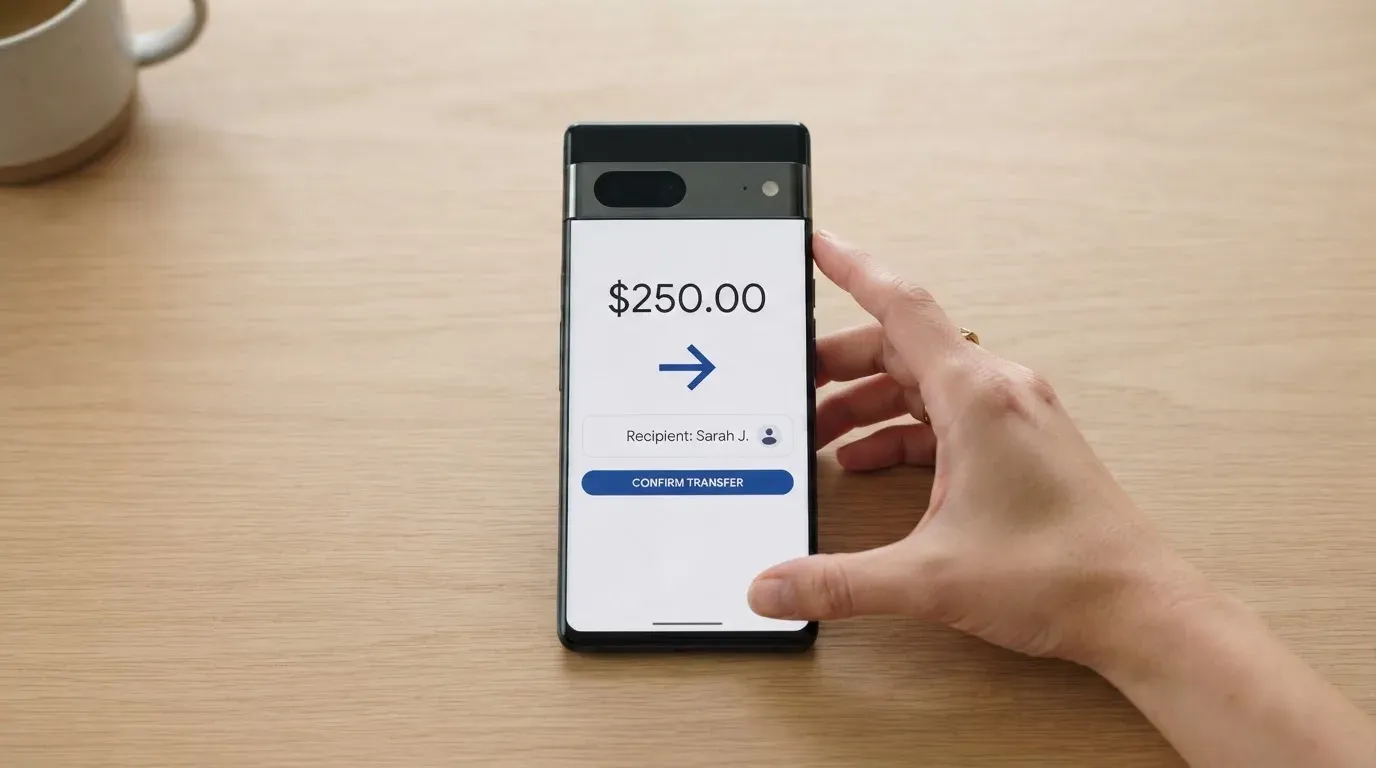 A phone showing a stablecoin transfer screen