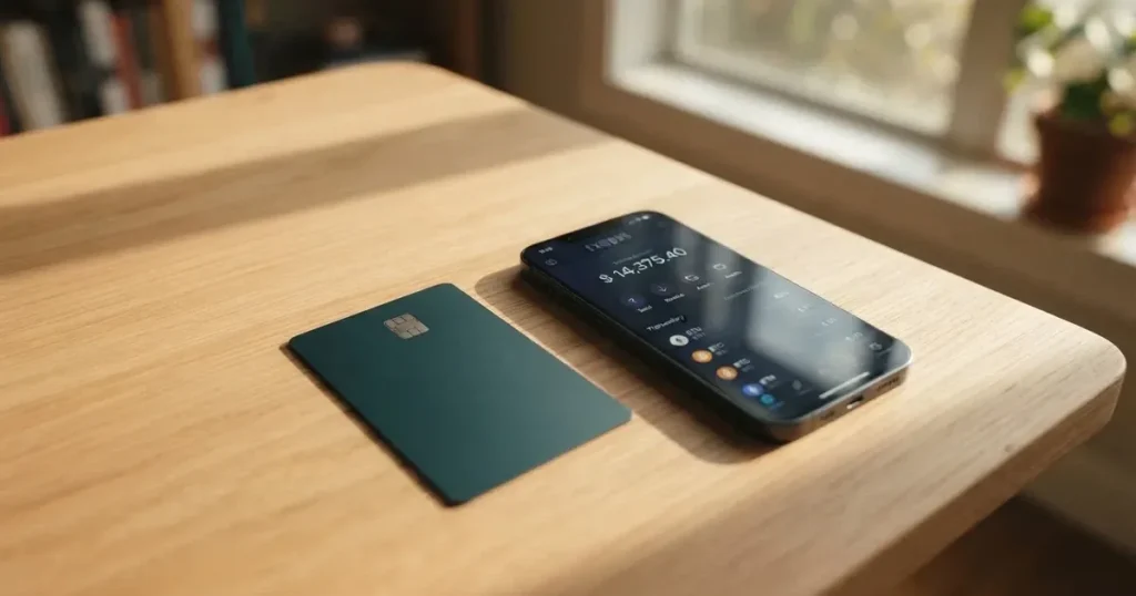 A payment card next to a phone with a crypto wallet app open