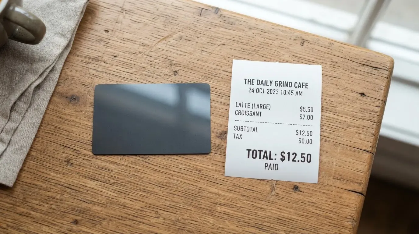 A receipt and a card on a café table