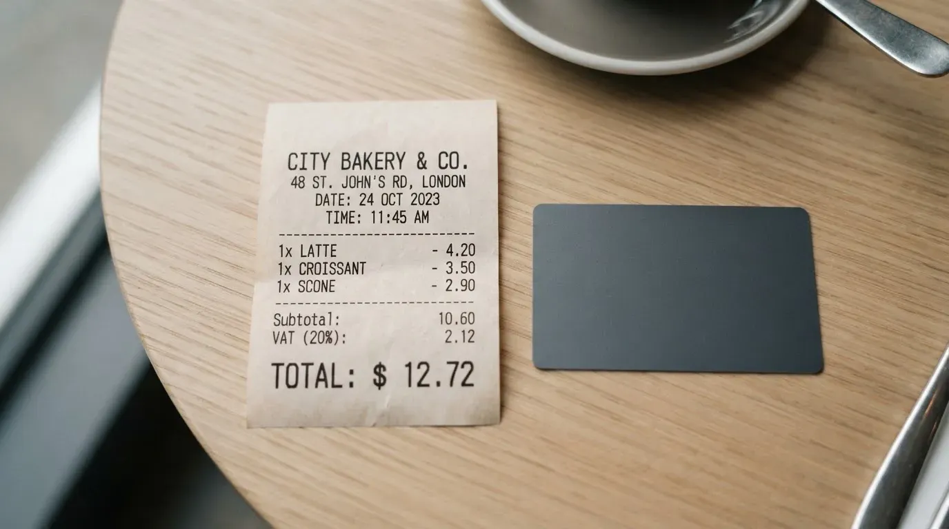 A receipt and a card on a café table