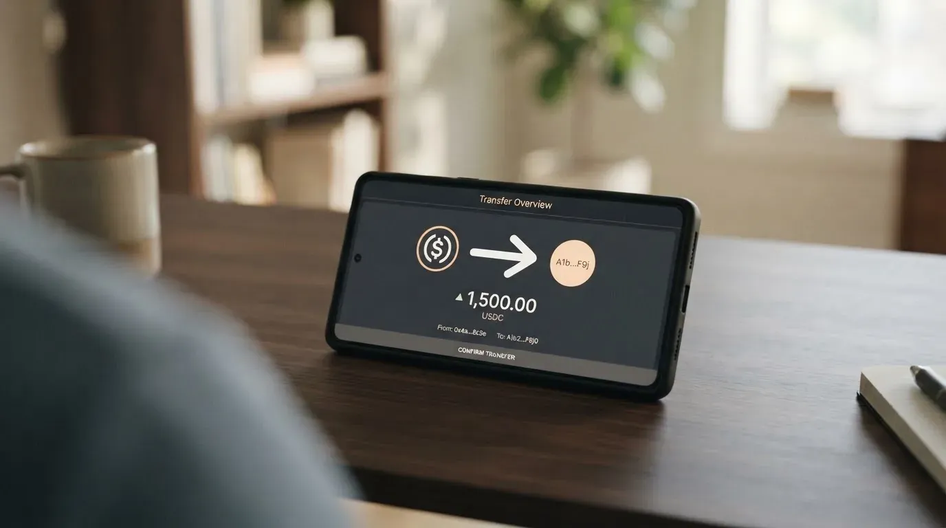 A phone showing a stablecoin transfer screen