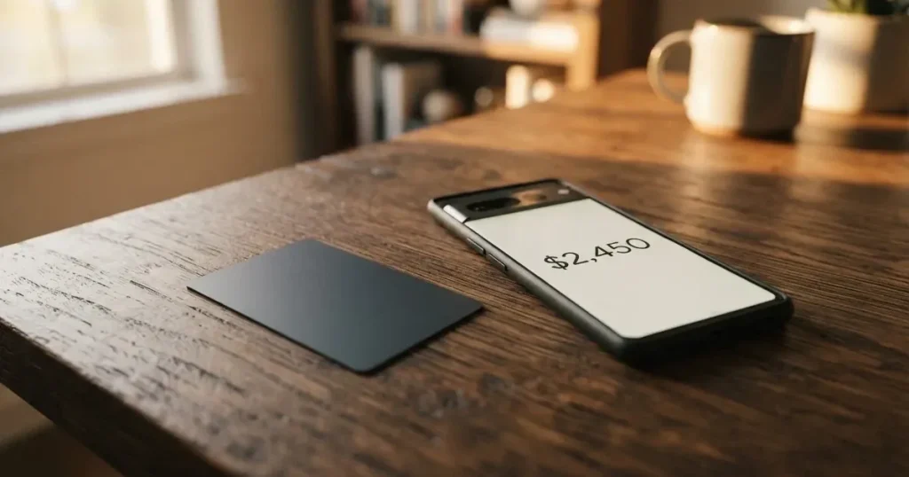 A payment card next to a phone with a crypto wallet app open