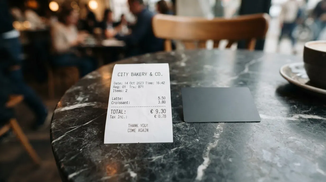 A receipt and a card on a café table
