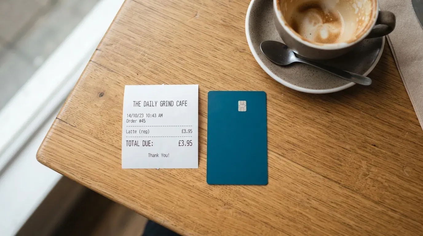 A receipt and a card on a café table
