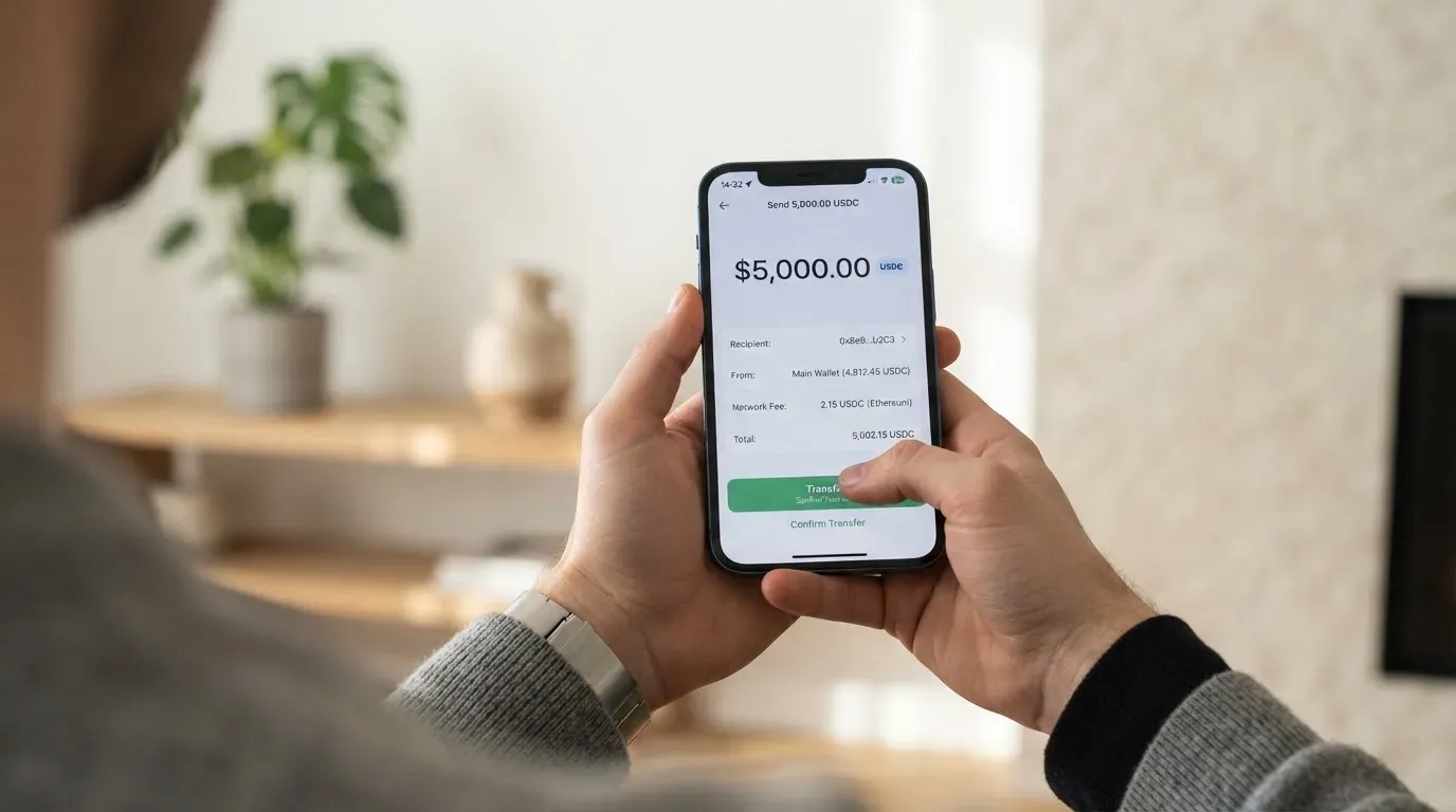 A phone showing a stablecoin transfer screen