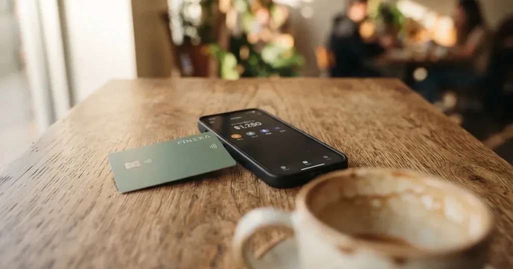 A payment card next to a phone with a crypto wallet app open