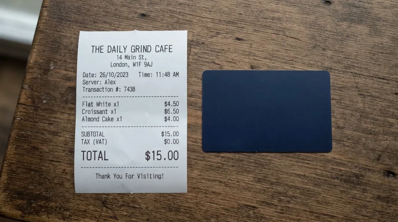 A receipt and a card on a café table