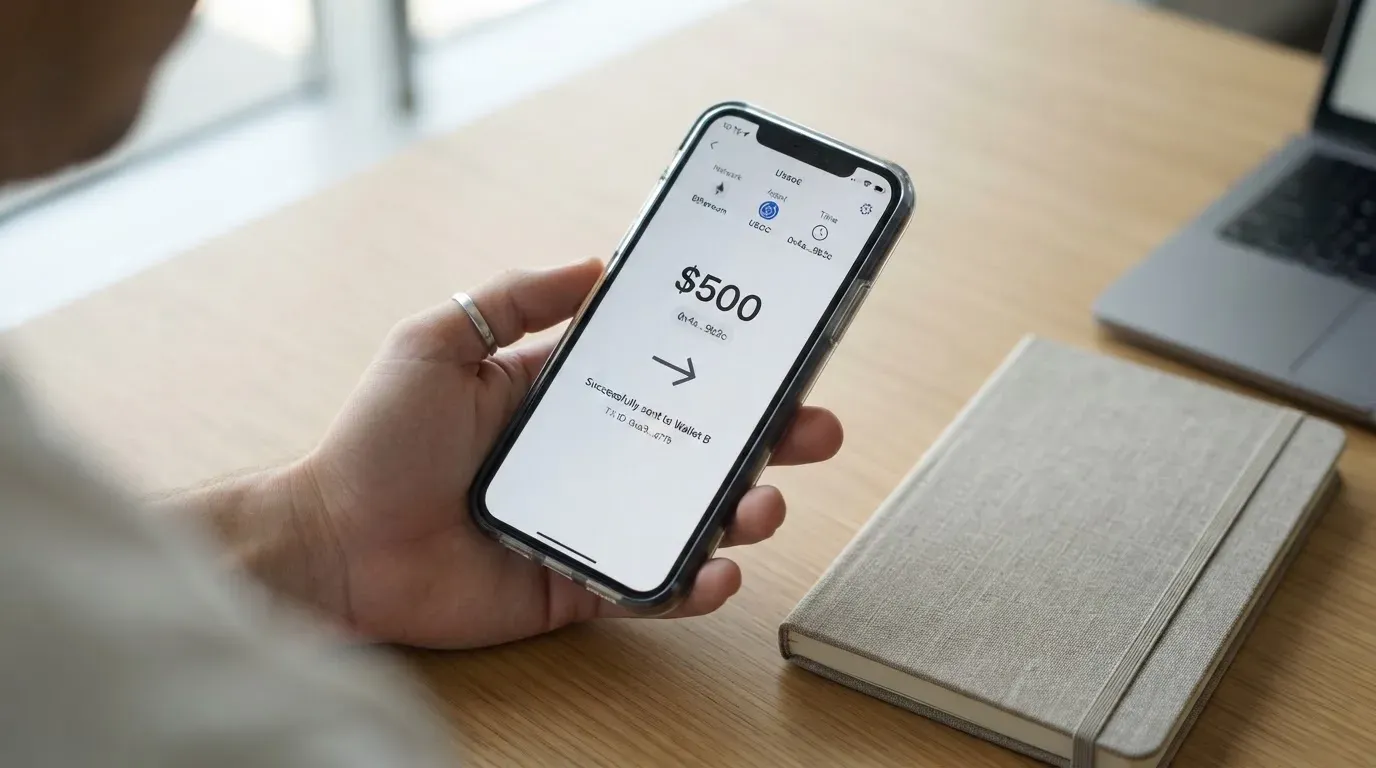 A phone showing a stablecoin transfer screen