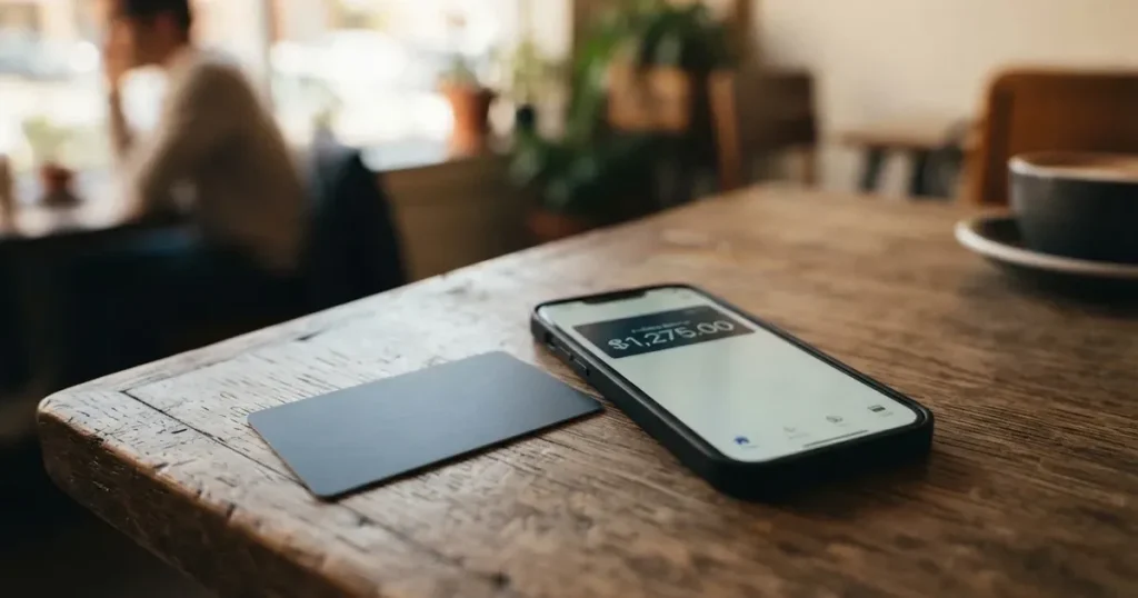 A payment card next to a phone with a crypto wallet app open