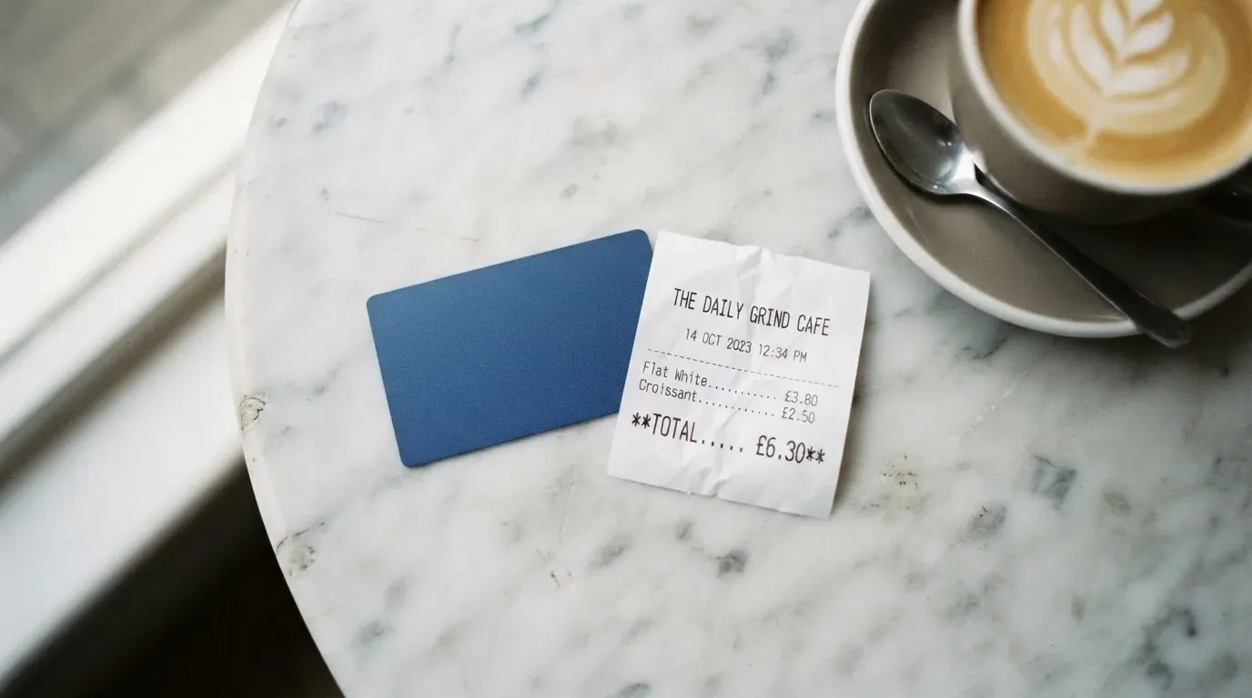 A receipt and a card on a café table