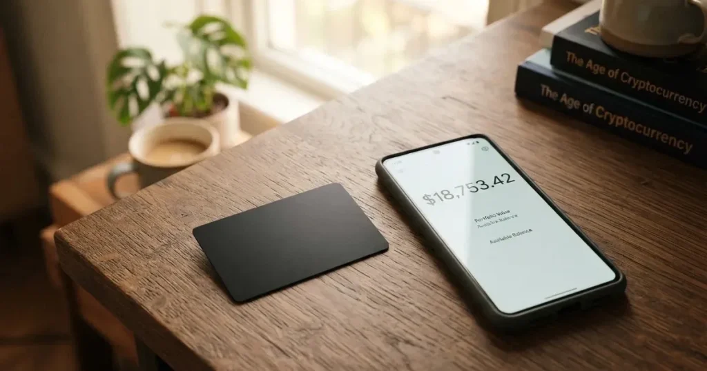 A payment card next to a phone with a crypto wallet app open